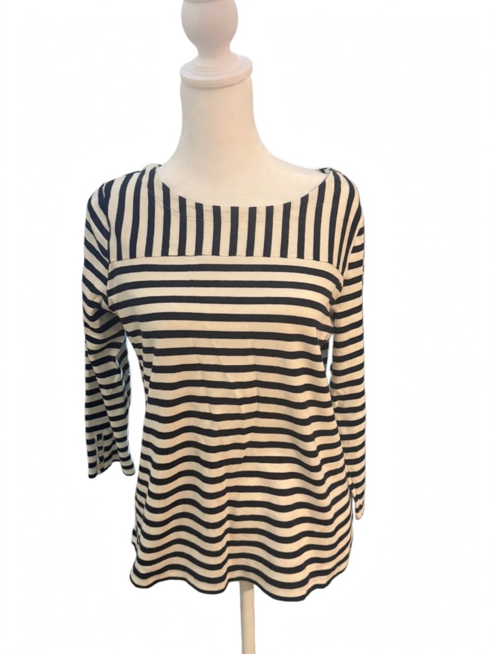Talbots Striped Bateau Boatneck Top Size L Nvy Wht Breton Stripe Cotton